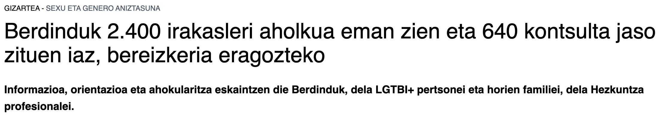 EITB.eus: "Berdindu! asesoró en 2022 a 2400 docentes y atendió 640 consultas, para combatir la discriminación LGTBI+"